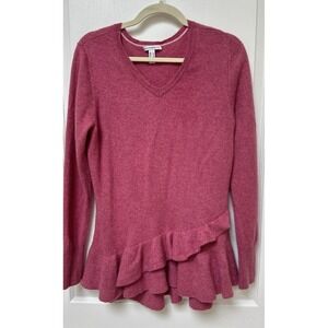 Isaac Mizrahi Live! 2-Ply Cashmere V-Neck Ruffle Peplum Sweater, Hthr Rose M/L